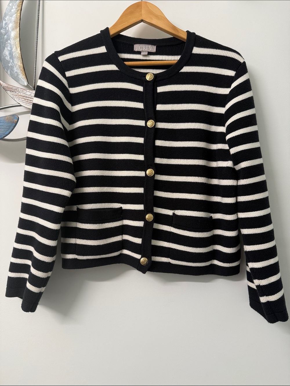 J. Crew Black & White Striped Knit Cardigan with Gold Buttons